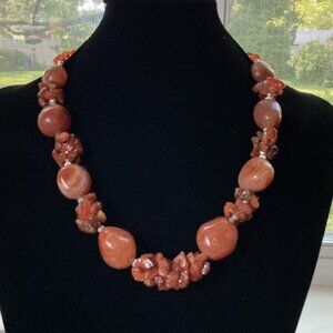 Natural Carnelian Gemstone Beaded Necklace, Chunky Polished & Chip Beads, 21"